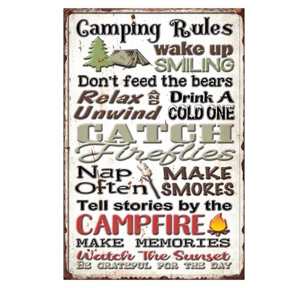 Camping Rules Framed Embossed Metal Sign