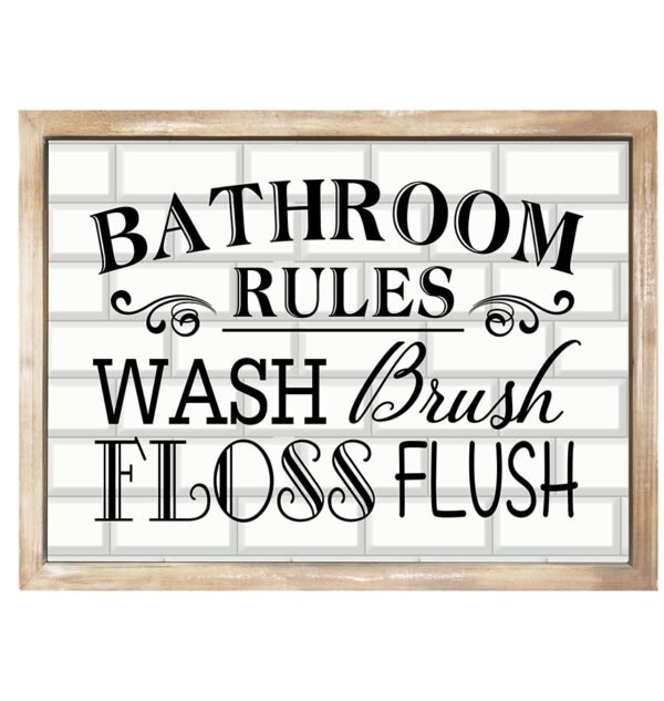 Bathroom Rules Framed Metal Sign with tile background